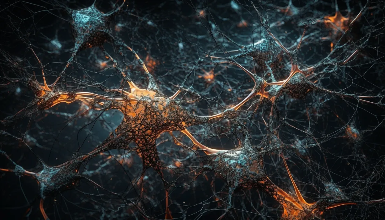 Glowing network of neurons in blue and orange