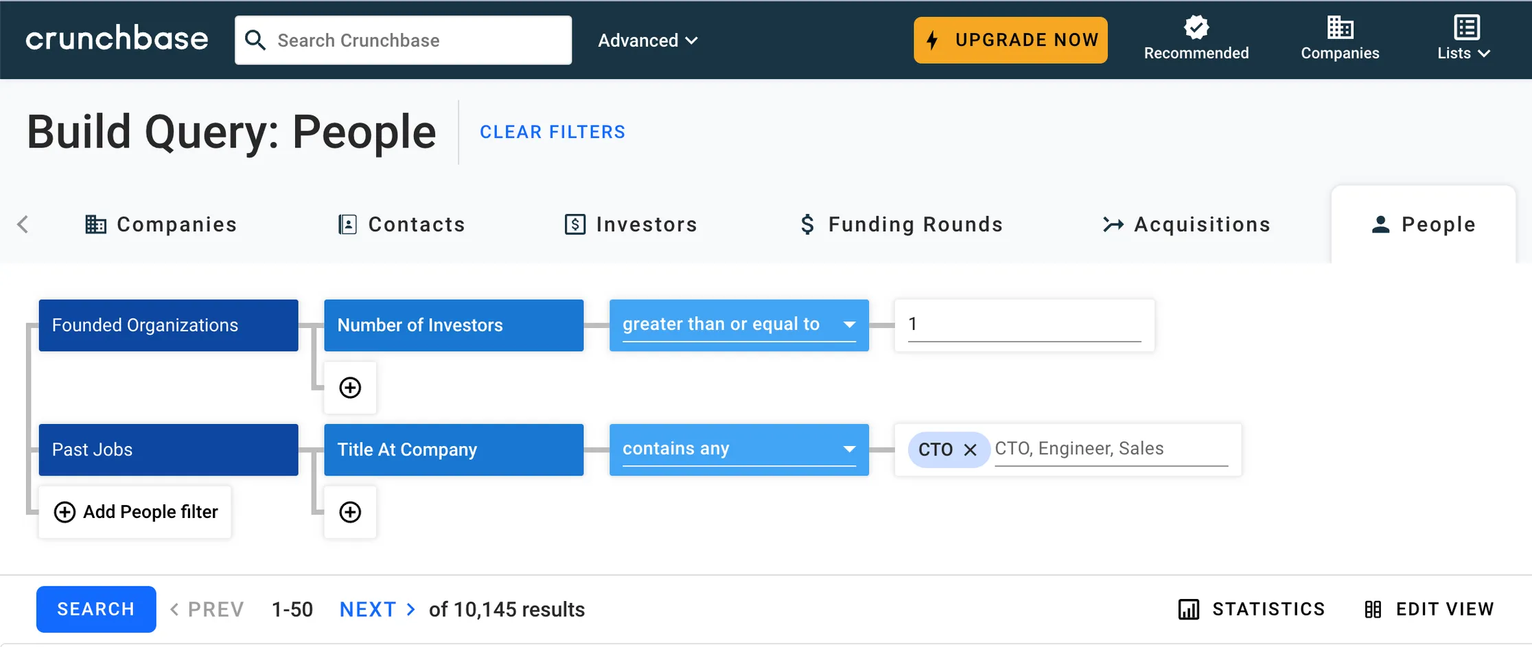 Crunchbase Build Query for people, filtered by number of investors and past job titles