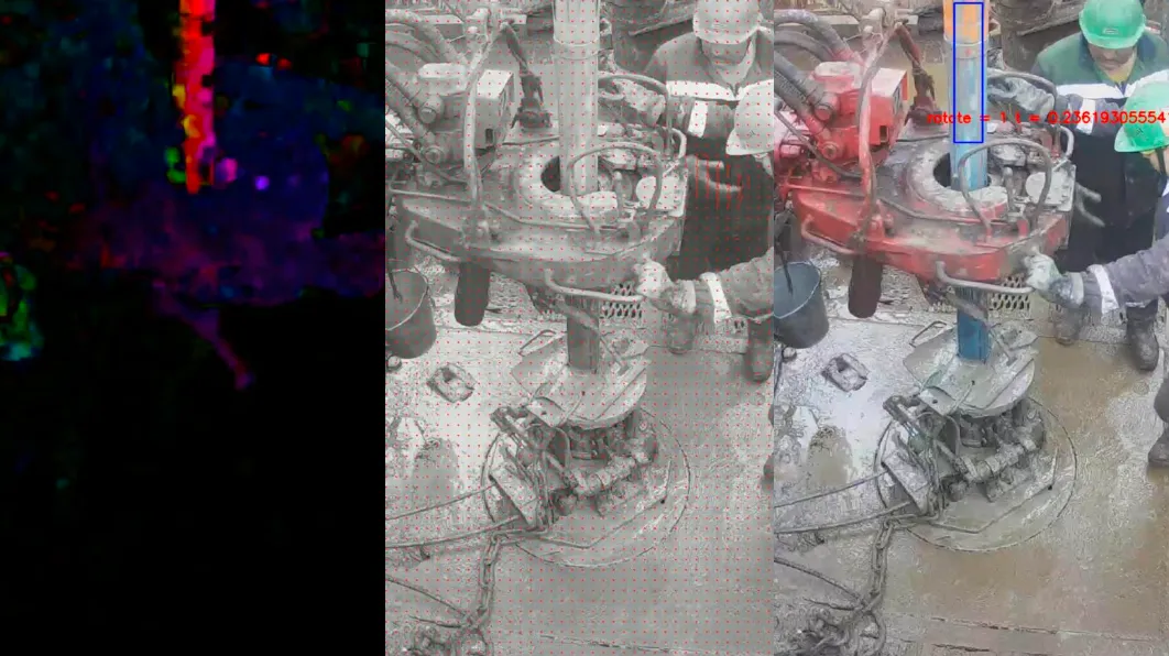 Three camera views of a drilling rig floor, with the pipe highlighted by the model and a detection box