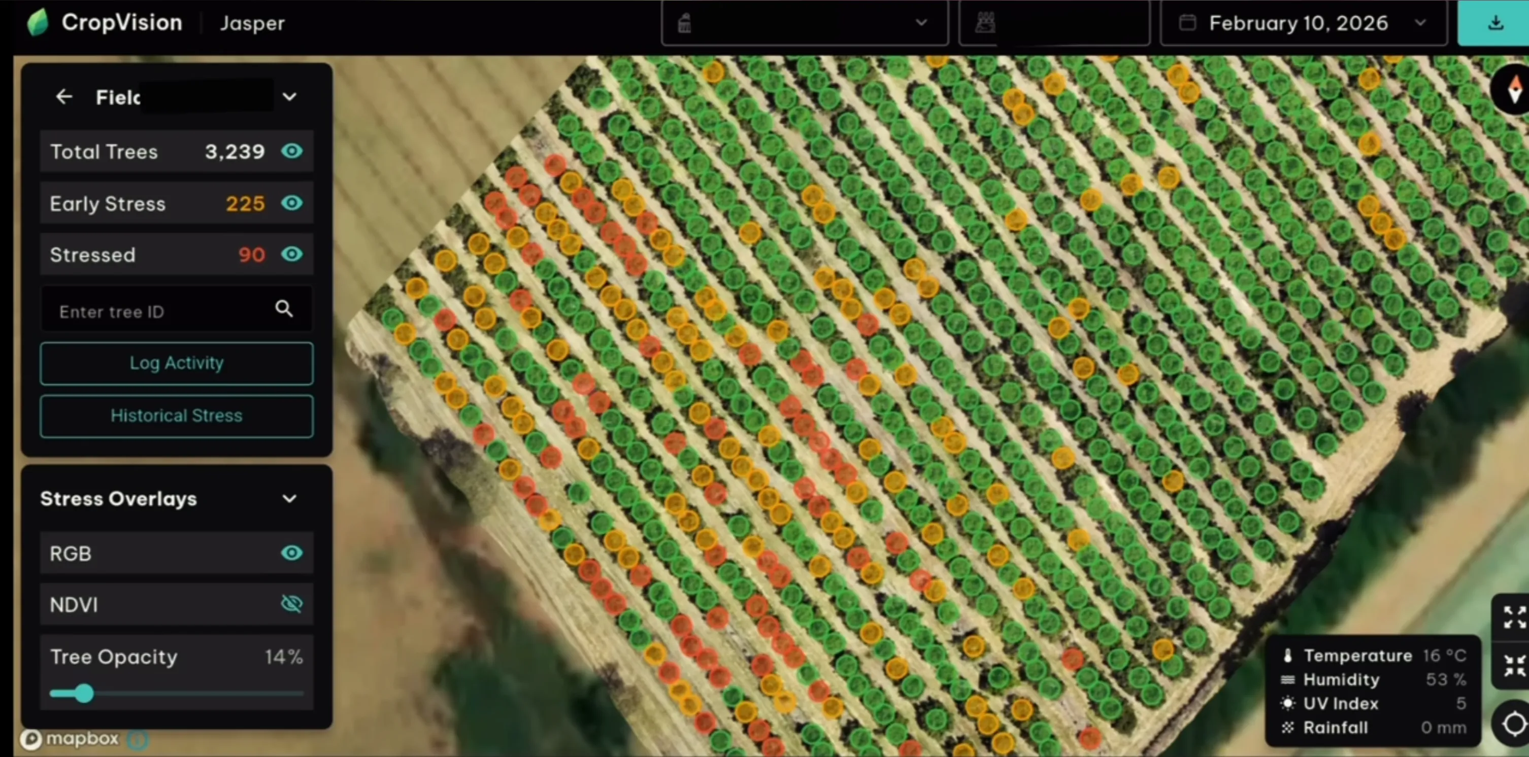 CropVision dashboard showing an orchard from above, each tree coloured by stress level