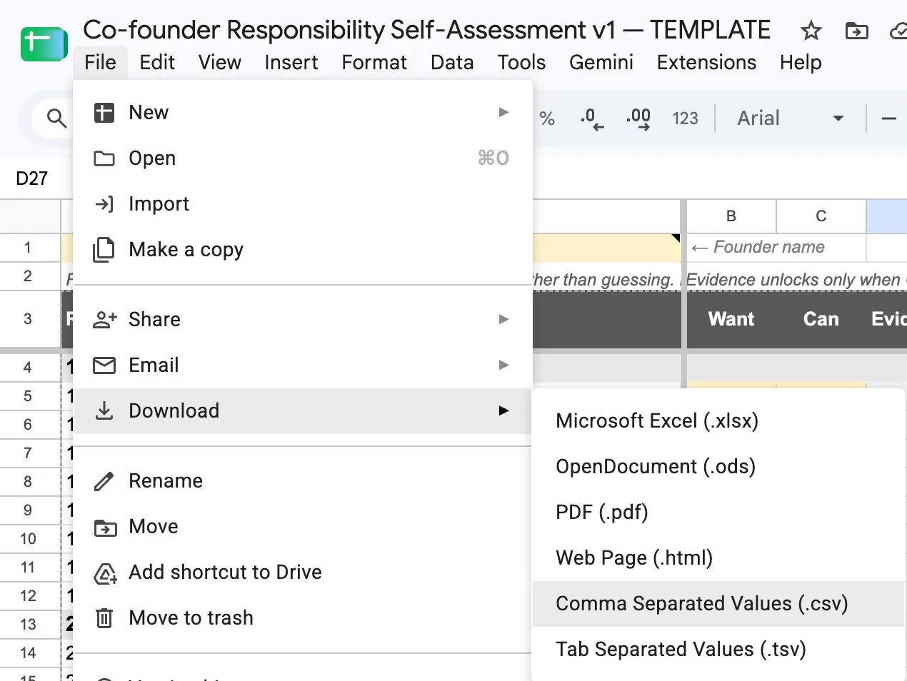 Google Sheets File, Download menu with Comma Separated Values (.csv) highlighted